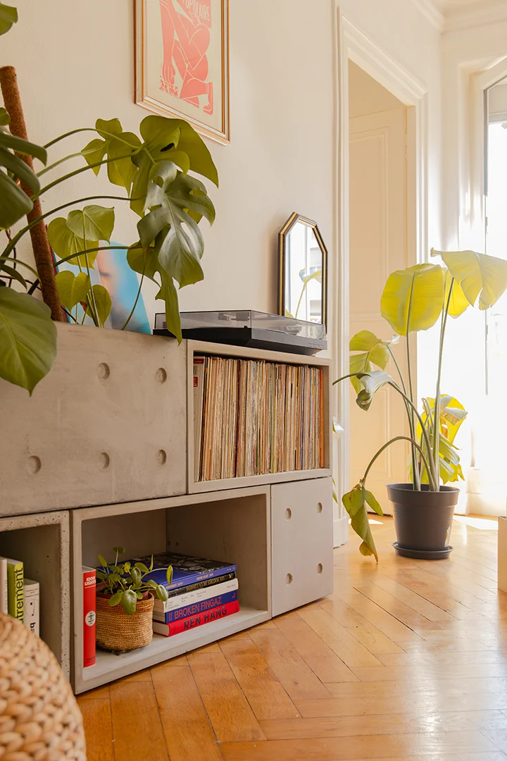 Storage furniture made of concrete for vinyl records